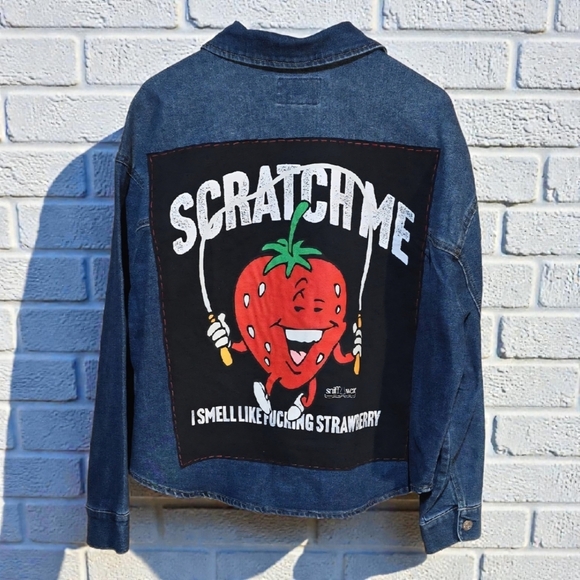 Upcycled Jackets & Blazers - Upcycled Denim Jean Jacket with Strawberry Graphic